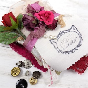 Paris French Theme, Fabric Lace Trim Scrap Embellishment Bundle, Vintage Floral Junk Journal Snippet Kit, Inspiration Lot, Pink Red Black