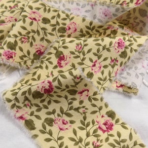 Pink Roses on Yellow with Leaves Floral Flower Vintage Fabric Ribbon - Frayed Edge - Cotton - distressed journal embellishment gift wrap