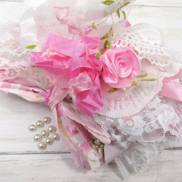 Shabby Cottage Candy Pink Vintage Floral Fabric Lace Trim Scrap Bundle, Junk Journal Embellishment Kit, Snippet Kit Lot, Grab Bag