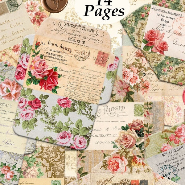 Shabby Pink Roses French Envelopes - Printable - Vintage Style Embellishments Junk Journal Antique Full Size and Mini