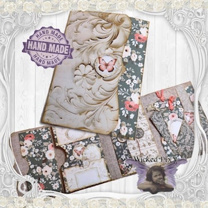 Carpeta de recortes efímera con tapa abatible, diseño floral bohemio en marrón, verde y marfil, con inserto de mariposa y bolsillos tipo acordeón.