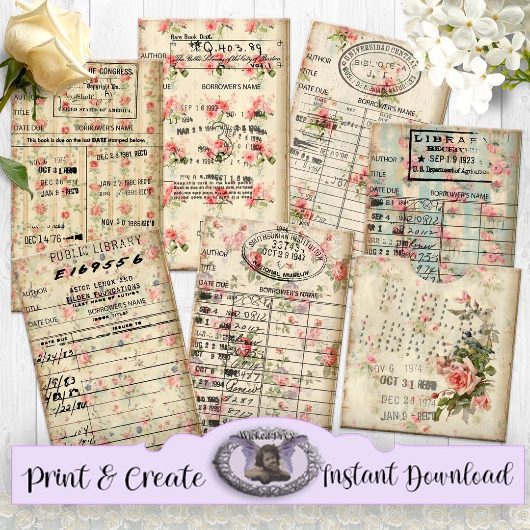 Roses Library Cards With Pockets, Shabby Vintage Floral, Printable ...