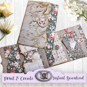 Druckbares Boho Braun und Elfenbein Floral 4 Falten Flip Folio, Schmetterling Ephemera Aufbewahrungshalter oder Journal Brieftasche Einsatz mit Ziehharmonika Taschen