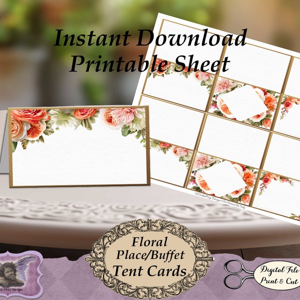 Place Cards or Table Tent Buffet Food Labels, Coral Peach Roses Floral, Real Realistic Flowers - PRINTABLE - Bridal or Baby Shower, Wedding