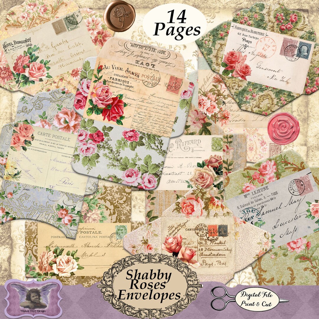 French Envelope Layout Shabby Pink Roses French Envelopes Printable Vintage Style - Etsy
