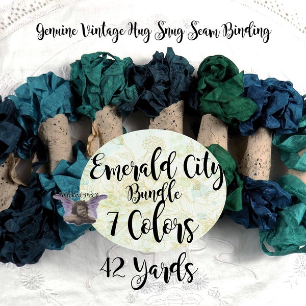 42 Yards Hug Snug Seam Binding Ribbon - EMERALD CITY BUNDLE - 6 Yards of Each Color - crinkled scrunched green teal emerald forest
