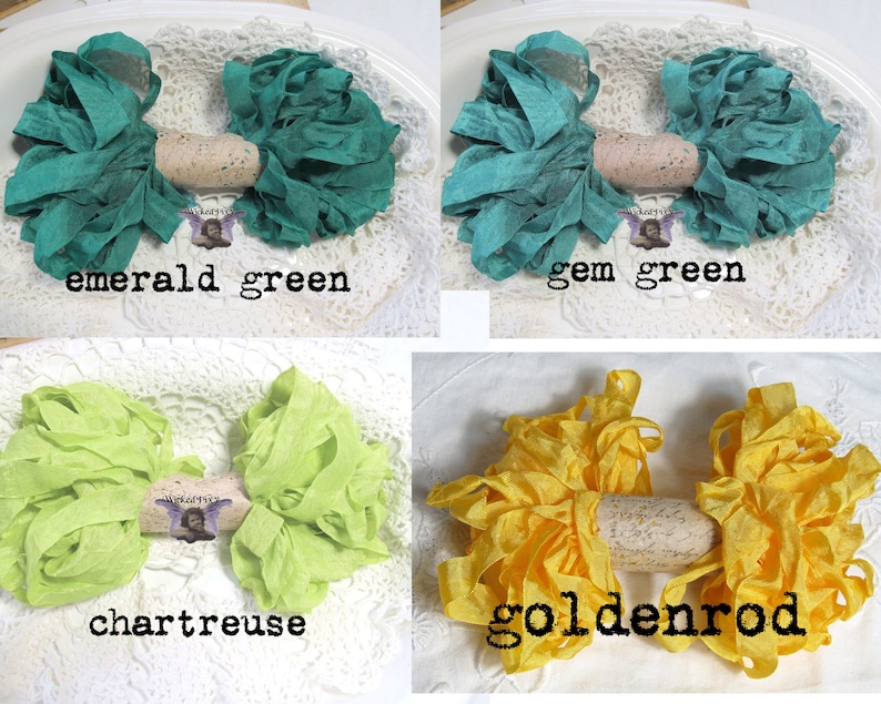 May include: Four handmade ribbon bows in emerald green, gem green, chartreuse, and goldenrod. Each bow is centered with a cork and displayed on a white lace surface. Text on the image reads "emerald green", "gem green", "chartreuse", and "goldenrod".