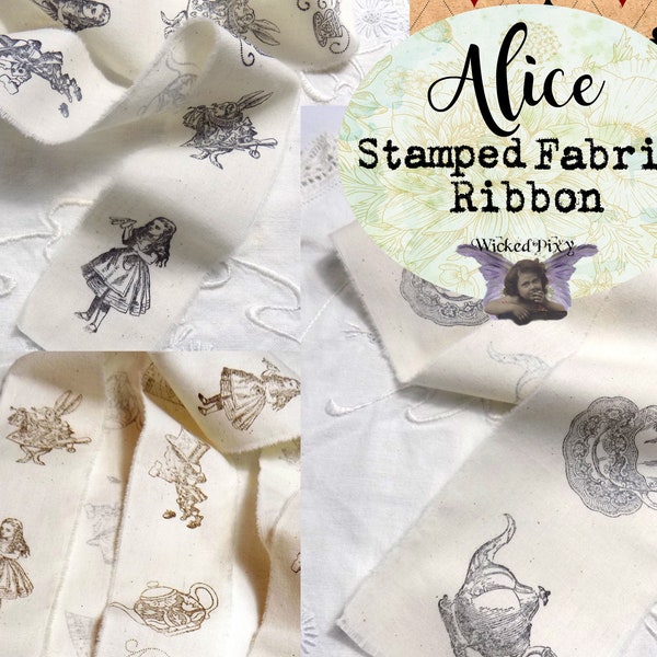 Alice Hand Stamped Fabric Ribbon Strips Trim Distressed Vintage Style / Tea Party Teapot Teacup - Frayed Distressed Torn