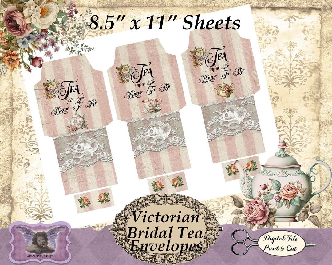 Tea Bag Favor Envelopes, Victorian Bridal Tea Shower, PRINTABLE Tea Bag Holder Vintage Victorian ...