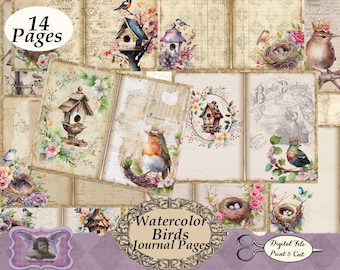 Birds Nests & Birdhouses Flowers Junk Journal Pages Kit Watercolor - Printable - Print and Cut - Vintage Distressed