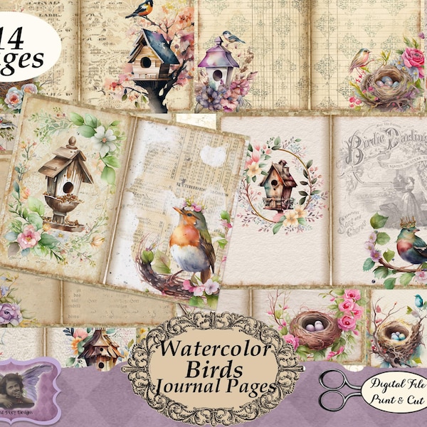 Birds Nests & Birdhouses Flowers Junk Journal Pages Kit Watercolor - Printable - Print and Cut - Vintage Distressed