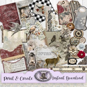 May include: A collage of vintage-style ephemera with a winter theme. Includes tags, pockets, and decorative elements featuring birds, deer, and floral accents. The text "Print & Create Instant Download" is visible.