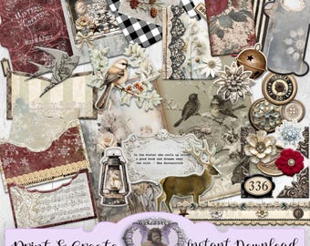 Winter Elegance Rustic Journal Kit - Afdrukbare ongewenste dagboekpagina's, enveloppen, bestandsmappen, zakken, tags, kortstondige en papieren