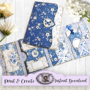 Druckbares 4-Falten-Flip-Folio in Blau und Elfenbein mit Blumen, Schmetterling, Ephemera-Aufbewahrung oder Journal-Geldbörsen-Einsatz mit Ziehharmonika-Taschen