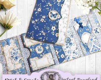 Printable Blue and Ivory Floral 4 Fold Flip Folio, Butterfly Ephemera Storage Keeper or Journal Wallet Insert with Accordion Pockets