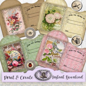 Envelopes com lacre para pacotes de sementes de flores de jardim, imprimíveis, enfeites vintage em estilo antigo, itens efêmeros de diário de sucata, rosas de catálogo de sementes