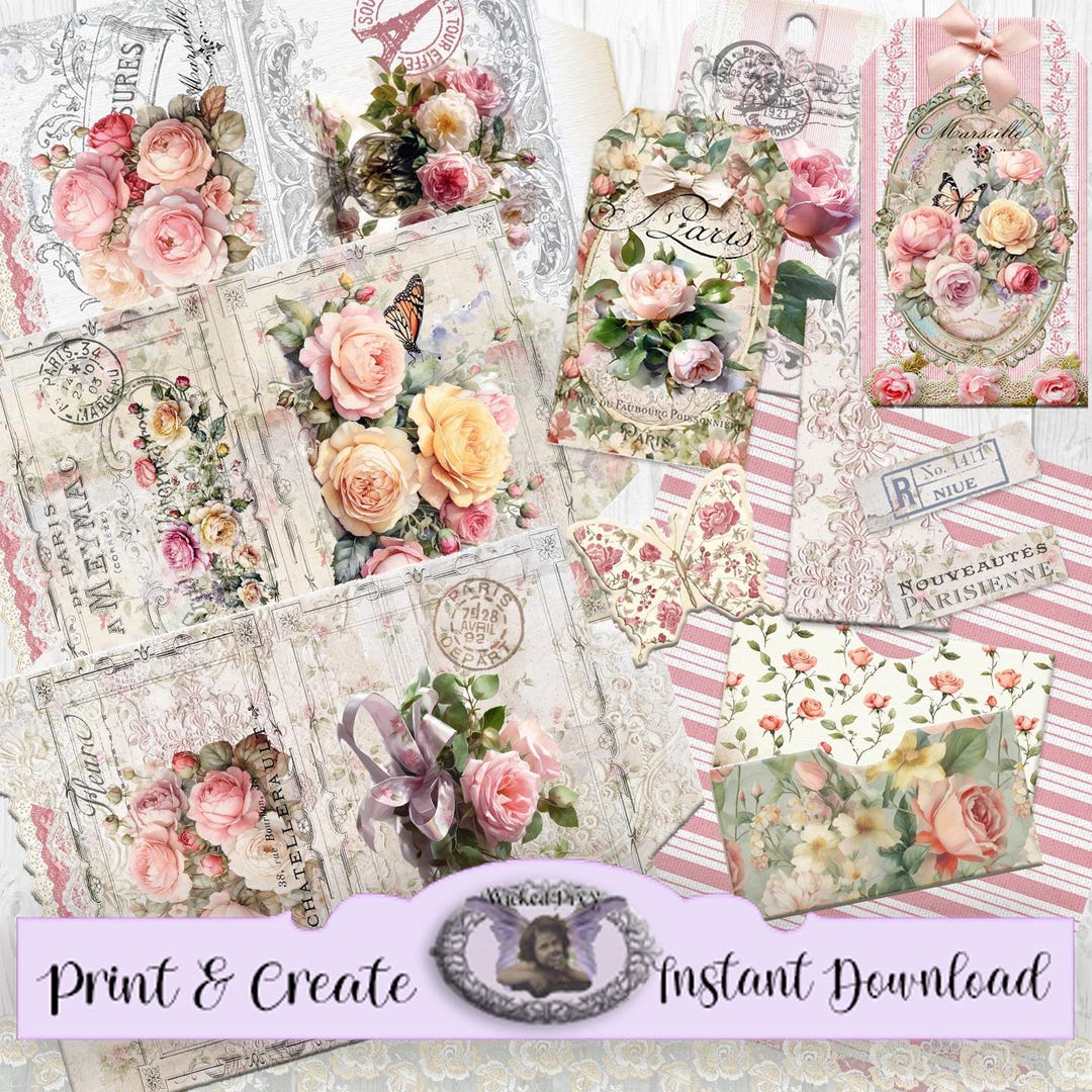 French Floral Roses & Stripes Mini File Folders With Pockets, Tags and ...