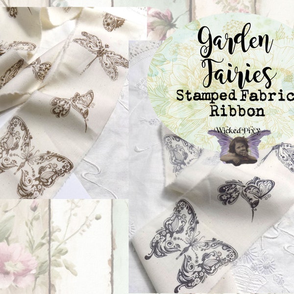 Garden Fairies Hand Stamped Muslin Fabric Ribbon Strips - 3.5" Wide - Vintage Style Distressed - Butterflies Dragonfly Hummingbird Ladybugs