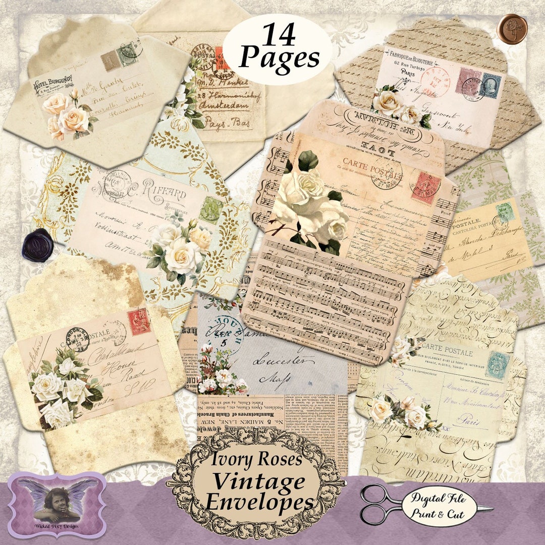 French Envelope Layout Ivory White Roses French Envelopes - Printable - Vintage Style ...