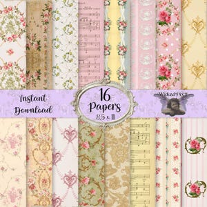 Floral Shabby Rosen, Streifen, Damast Papier Mix, bedruckbar, Vintage Style Digitales Papier, Tapete, 8.5 &quot;x 11&quot; Letter Format