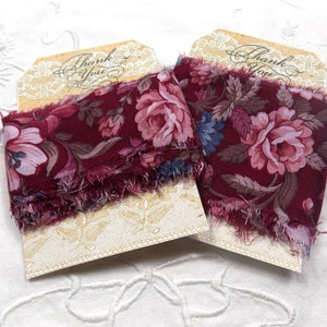 Maroon, Burgundy Floral Flower Fabric Ribbon - Frayed Edge - Lightweight Chiffon Rayon - distressed journal embellishment gift wrap