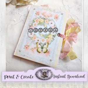 Afdrukbare kleine Franse minirozen bloemen gestreepte ongewenste dagboekkit - JOYFUL - Print and Create - Perzikgele rozen vlinders