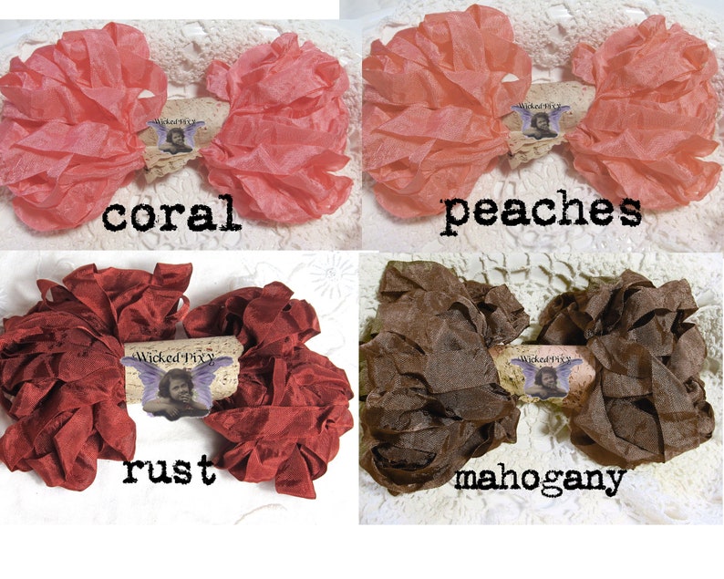 May include: Four fabric bows in coral, peaches, rust, and mahogany. Each bow has a ruffled texture and is adorned with a small tag featuring an illustration and the text "Wicked Pixy". The words "coral", "peaches", "rust", and "mahogany" are written below each bow.