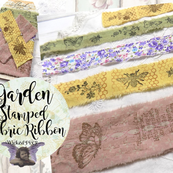 Garden Theme Hand Stamped & Dyed Cotton Fabric Ribbon Strips Bundle - Garden Butterflies Bees Flowers Birds Music Journal Ribbon