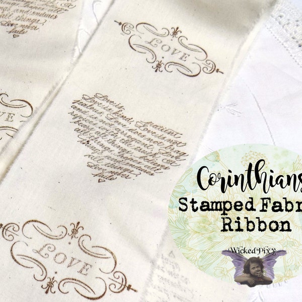 Corinthians Heart Love Hand Stamped Muslin Fabric Ribbon Strips - 3.5" Wide - Vintage Style Distressed - Love is Patient - Wedding Ribbon