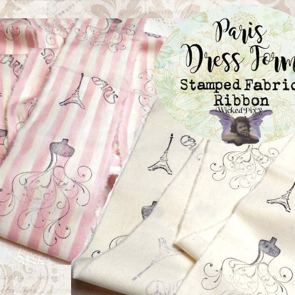 Paris Dress Form French Hand Stamped Muslin Fabric Ribbon Strips - 3.5" Wide - Vintage Style Distressed Torn Frayed - Pink Stripe or Beige