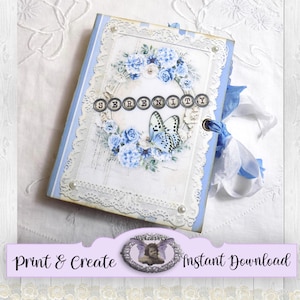 Kit imprimible de diario basura con pequeñas rosas francesas y rayas florales - SERENITY - Imprime y crea - Rosas azules, mariposas, estilo chinoiserie