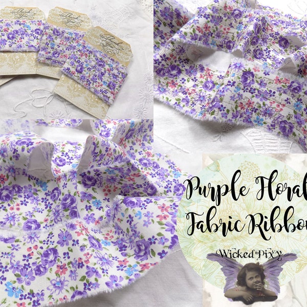 Purple Lavender Roses Floral Flower Cotton Fabric Ribbon Strips - Frayed Edge - Hand Torn Stamped - Vintage Journal Ribbon