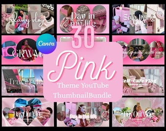 Könnte beinhalten: Ein pinkfarbenes YouTube-Miniaturbild-Bundle mit dem Text "30 Pink Theme YouTube Thumbnail Bundle". Die Miniaturansichten zeigen verschiedene Lifestyle-Vlog-Themen, darunter "Daily Vlog", "Travel Vlog" und "Self-Care Vlog".