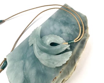 Hand carved natural jade pendant necklace of bird handmade from unique Blue Guatemalan jadeite, jewelry gift for him or her