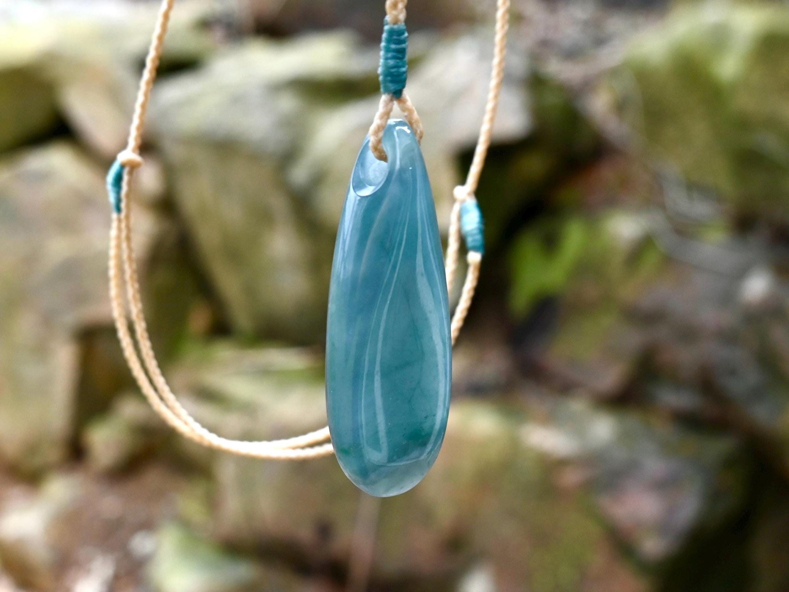 Hand carved jade pendant necklace handmade from unique natural Blue Guatemalan jadeite jade, jewelry gift for him or her