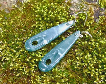 Hand Carved Blue Jadeite Earrings: Sterling Silver Hooks, Guatemalan Jade