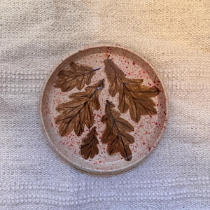 Rustic Oak Leaves Ceramic Plate – Autumn-Inspired Handmade Dish with Red Splatter Design