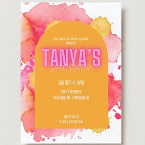 Sweet Sixteen Birthday Invitation | Pink/Orange Watercolor Editable Template | Digital Party Invite for Birthday
