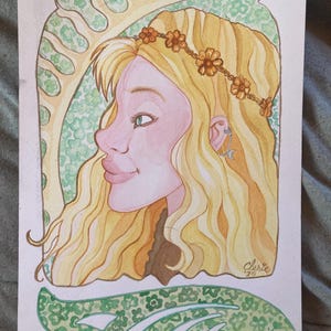 Impressão de arte em pergaminho tamanho carta padrão, assinada pelo artista em folha de ouro