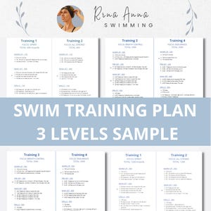 May include: A swim training plan with the text "Rina Anna Swimming" at the top. The plan includes four training levels with details on warm-up, main sets, and drills. The text "Swim Training Plan" and "3 Levels Sample" are also visible.