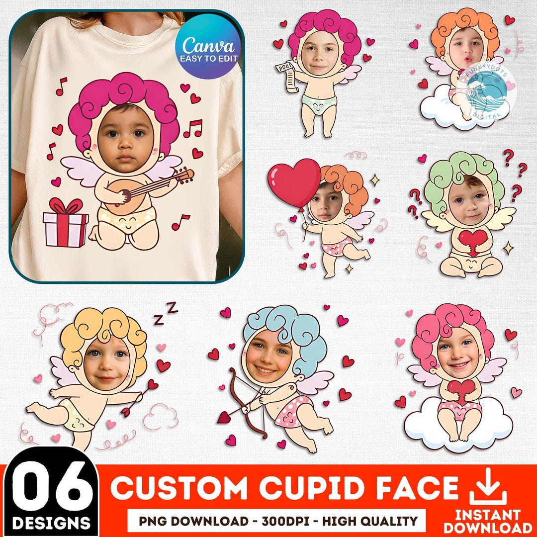 Valentine's Day Canva Template, 6 PNG Pink Heart, Cupid Valentine ...