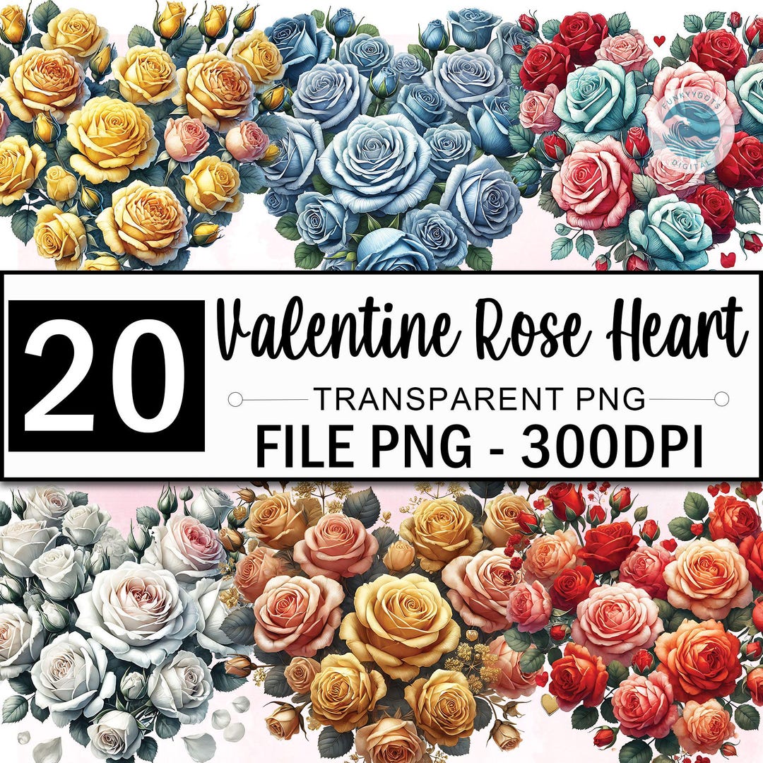 Watercolor Rose Heart Clipart Bundle, 20 PNG Floral Bouquets ...