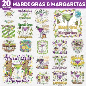 May include: A collection of 20 Mardi Gras and Margarita designs. Each design features a cocktail glass with the words "Mardi Gras" and "Margaritas" in various fonts and styles. The designs incorporate purple, green, and gold colors.