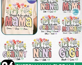 Floral Mamaw Canva-sjabloon, 6 png-bestanden, Blessed to Be Called, Grandma's Garden-sjabloon, Mama Gift png, Mimi Nana Mamaw bewerkbaar, familiepng