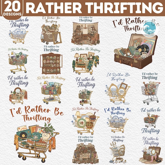 Retro Thrifting Png Bundle, 20 PNG Thrift Aesthetic, Rather Be Thrifting Png Bundle, Blue And Gold Png, Vintage Cart Png, Book Lover Png