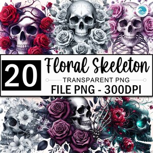Skulls Flowers Clipart Bundle, Floral Skeleton Png Clipart, Gothic Clipart, Halloween Skull Png, Skeleton Clipart, 20 Design Png
