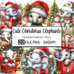 May include: A digital illustration featuring multiple adorable baby elephants in festive Christmas attire. The elephants wear Santa hats and are surrounded by gifts, wreaths, and Christmas trees. Text reads "Cute Christmas Elephants, 20 File PNG - 300DPI."