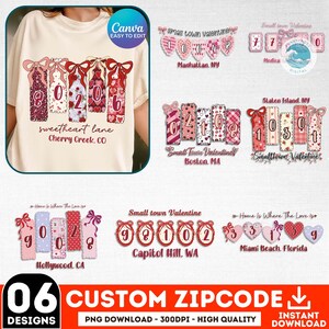 May include: A cream-coloured t-shirt featuring a graphic of six decorative ribbons, each with a number and a bow. Text reads "sweetheart lane Cherry Creek, CO." Additional designs include zip codes for various cities. The image also includes the text "06 DESIGNS CUSTOM ZIPCODE".