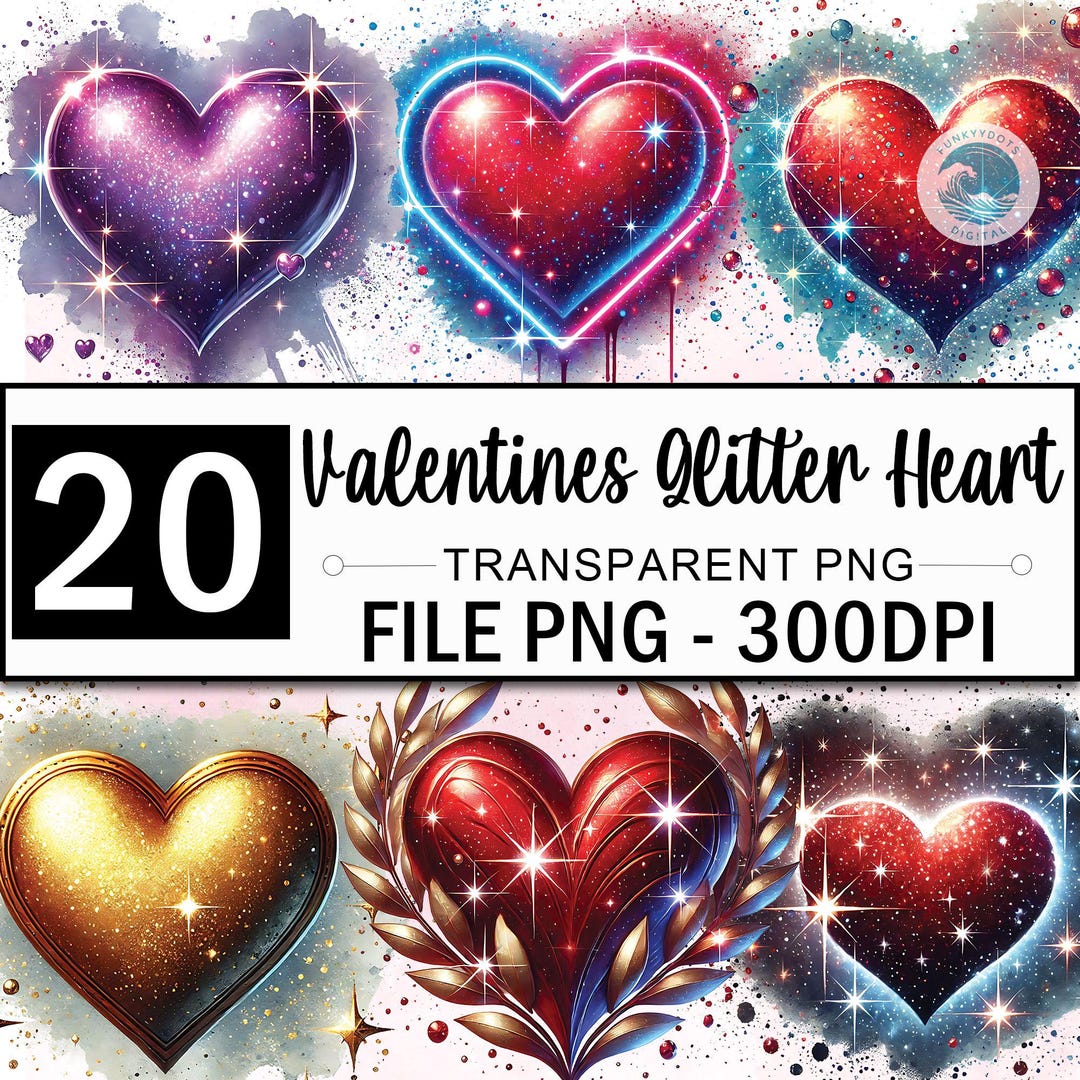 Watercolor Glitter Heart Clipart Bundle, 20 PNG Blink Heart, Valentines ...