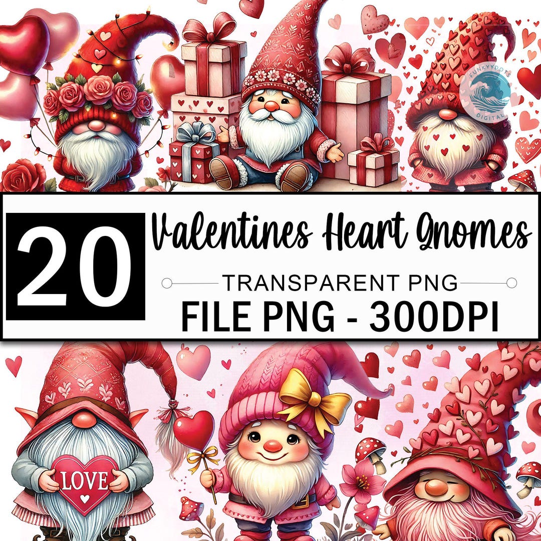 Watercolor Gnomes Clipart Bundle, 20 PNG Valentines Heart Gnomes, Gnome ...